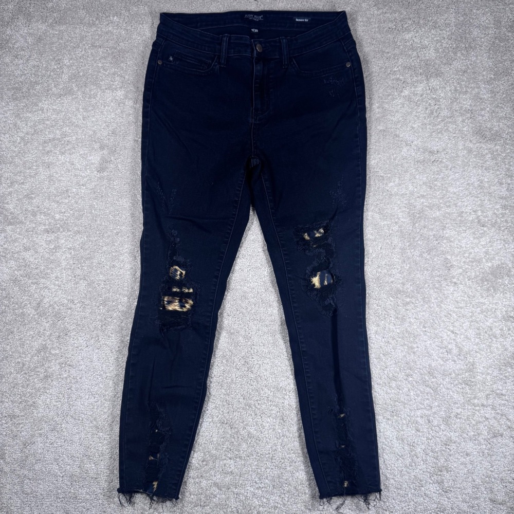 Judy‎ Blue Black Distressed Skinny Jeans Leopard Patch Raw Hem JB82168BK 11/30
